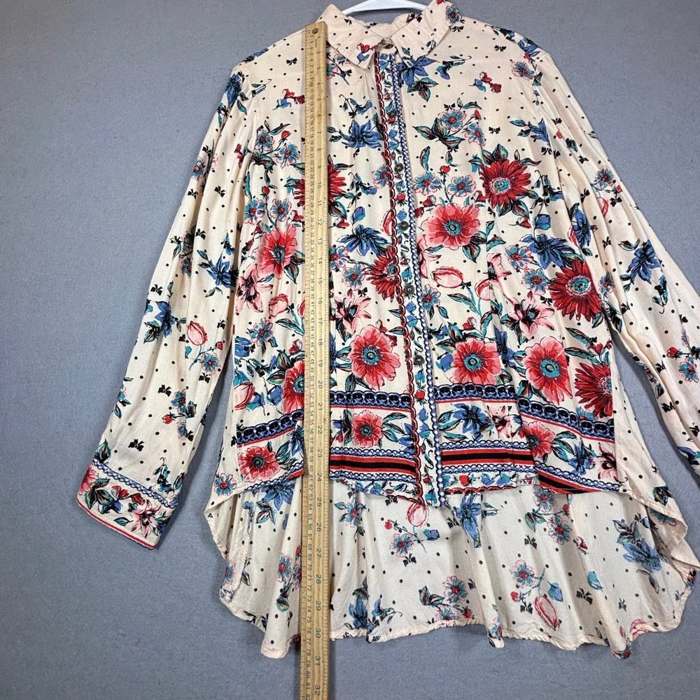 Lola P Womens Floral Polka‎ Dot Button Down Shirt Small High Low Boho Cottage